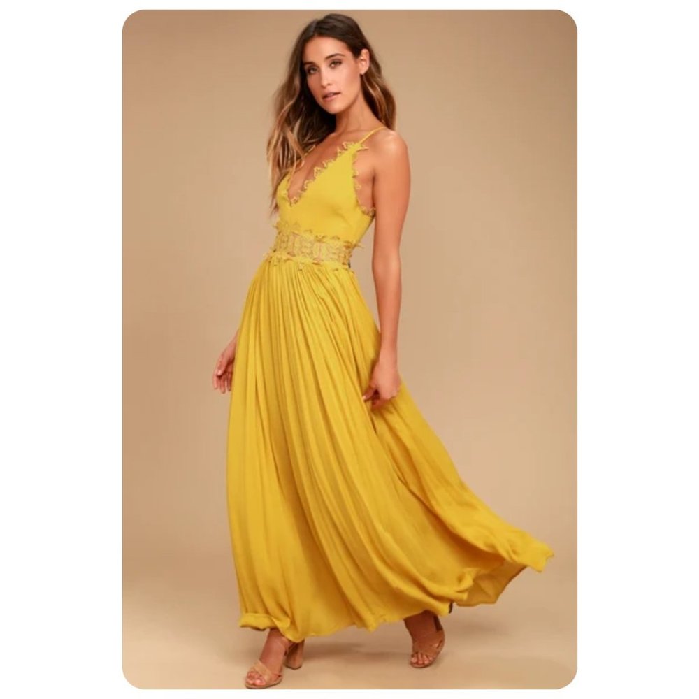 Lulu’s This Is Love Mustard Yellow Lace Sleeveless Maxi Dress sz S